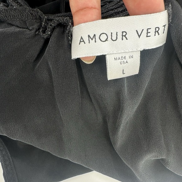 Amour Vert Black 100% Silk Tie Neck Midi Dress L Minimal Chic Quiet Luxury USA - Picture 3 of 9